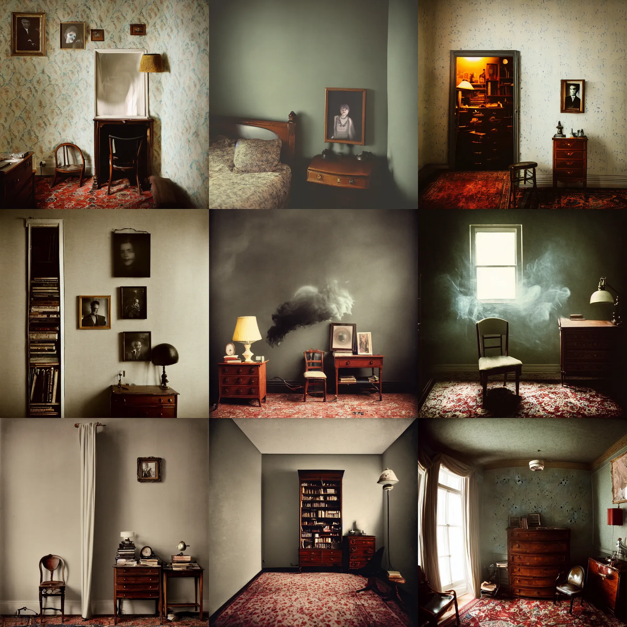 Image similar to kodak portra 4 0 0, wetplate, 8 mm extreme fisheye, award - winning portrait by britt marling, 1 9 2 0 s room, ghost, picture frames, shining lamps, dust, smoke, 1 9 2 0 s furniture, wallpaper, carpet, books, muted colours, wood, fog,