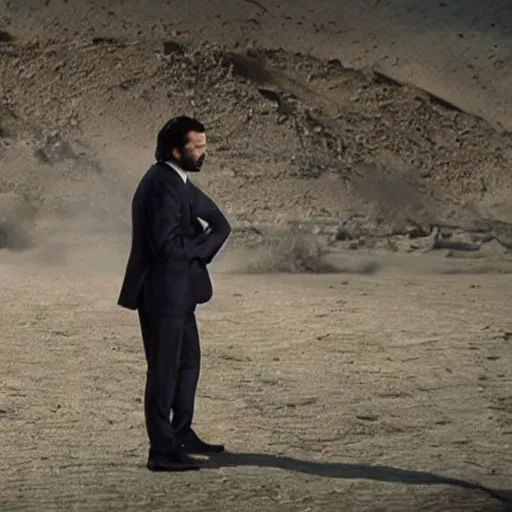 Image similar to kurdish capitalist wearing a suit, dressed smart, in a movie directed by christopher nolan, movie still frame, promotional image, imax 7 0 mm footage