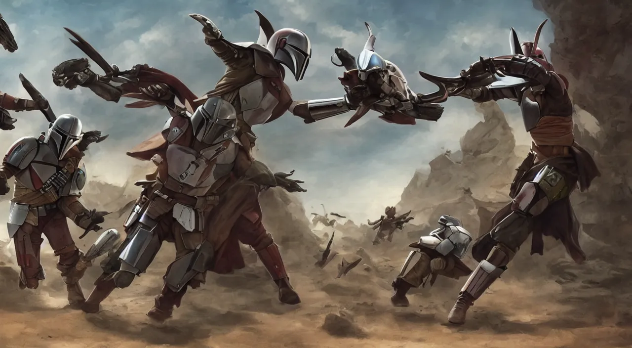 Prompt: Mandalorian fights rhinoceros, concept art, cinematic