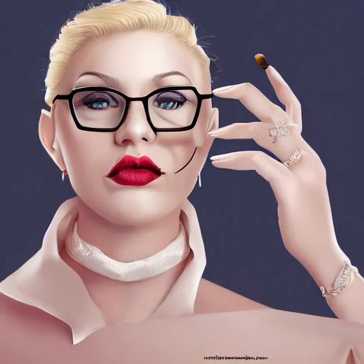 Image similar to middle aged beautiful french woman with blonde hair tied in a strict bun, manicuring nails, spectacles, lots of makeup, arrogant, rich, expensive voluminous dress, digital art, high quality, 8 k, detailed, d & d character,