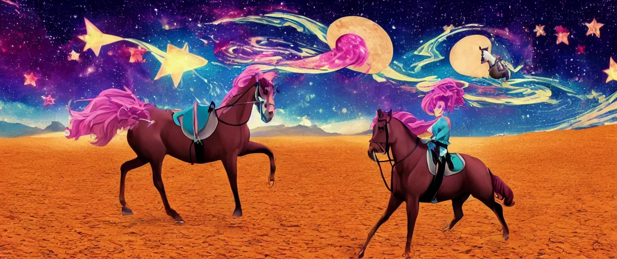 Prompt: a horse riding across the stars on a big pizza, comic style, colorful, 4 k, high details, vaporwave