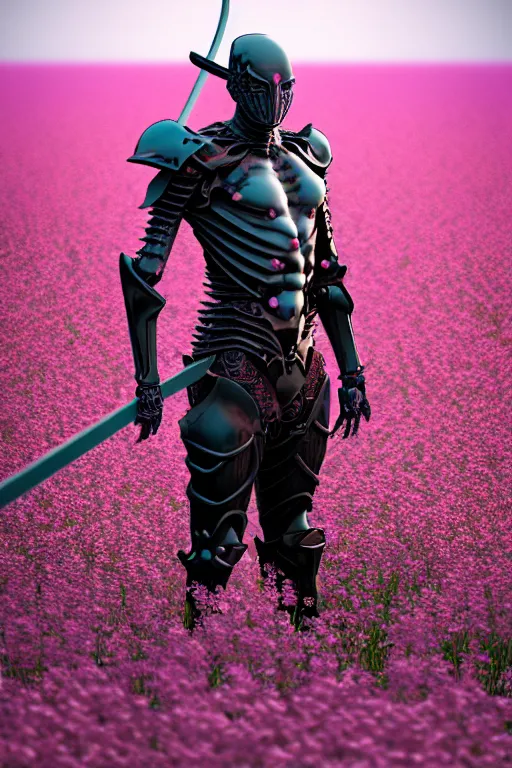 Image similar to hyperrealistic neo - gothic muscular human demon hybrid, exoskeleton armor, holding katana, standing in a field of pink flowers, highly detailed smooth concept art masterpiece, vitaly bulgarov dramatic dark teal light, ground angle hd 8 k, sharp focus