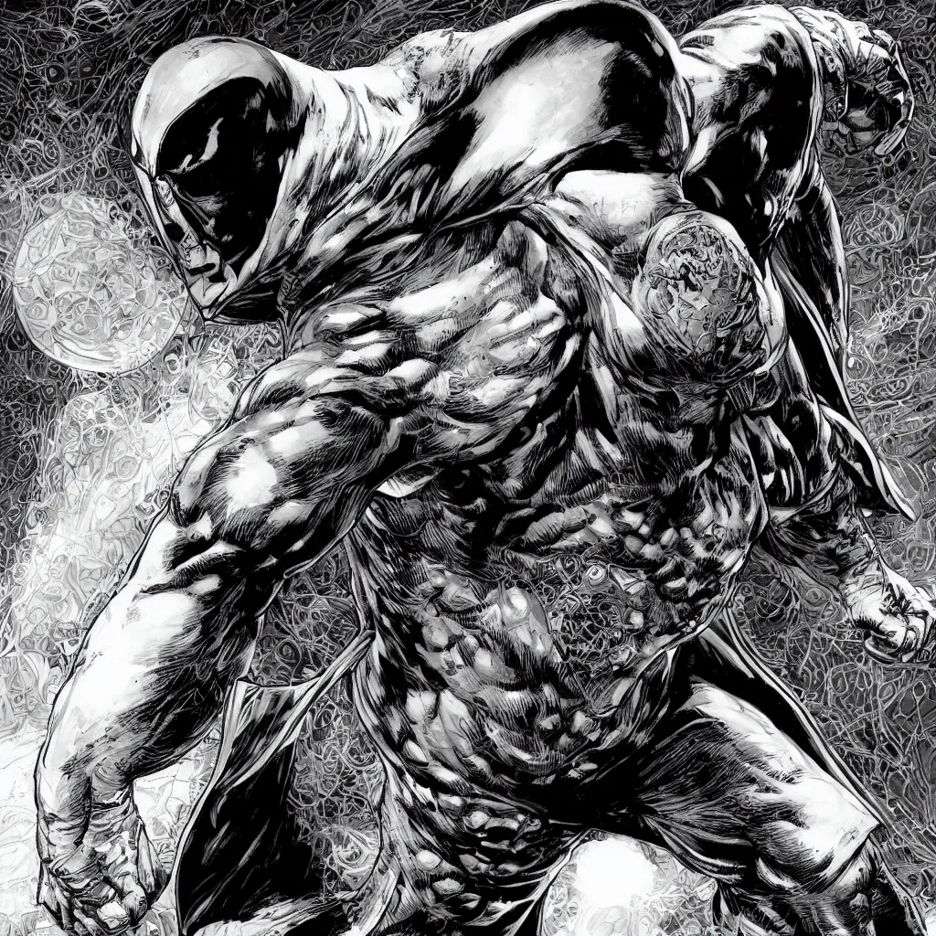 Image similar to moon knight, accurate, intricate detail, moon in the background, highly detailed, smooth, sharp focus, detailed face, high contrast, dramatic lighting, graphic novel, art by Ardian Syaf and Pepe Larraz sharp focus, detailed, high contrast, center frame, trending on artstation,