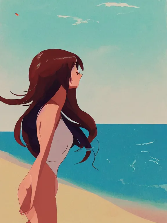 Image similar to Portrait of a happy anime woman on the beach near the ocean, by james gilleard