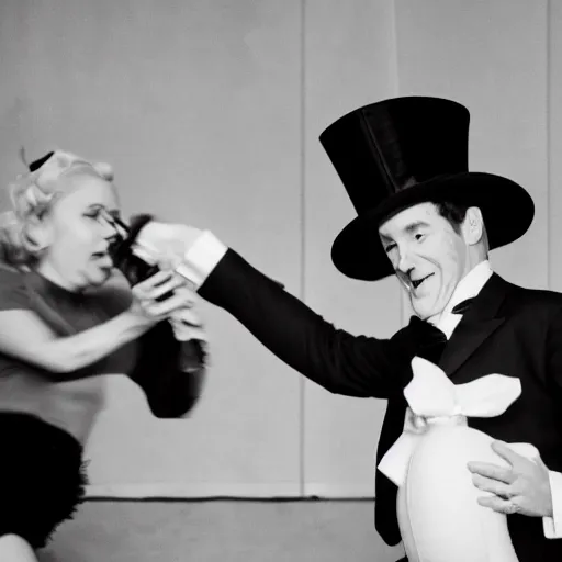 Prompt: black and white elephant photo tap dancing on stage with a top hat