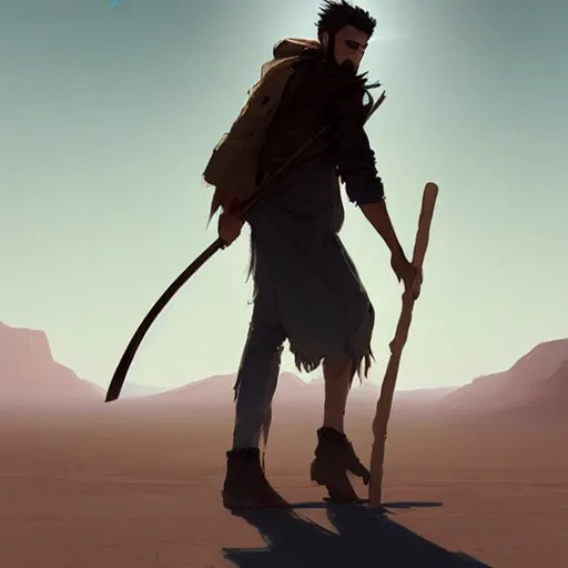 Image similar to a young man with gray hair,a stylish beard,walking through a desert with a glowing stick,digital art,art by greg rutkowski,trevor henderson,rossdraws,character design,concept art,western comic style,sharp lines,photorealiatic,hyperdetailed,detailed face,high quality,professional lighting,glowing