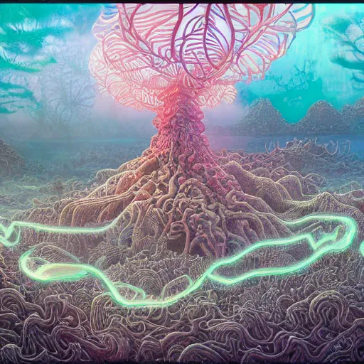 Prompt: breathtakingly detailed art nouveau ultrawide angle photo, alien ocean coral structures frame circle, closeup a human electromagnetic field emitting bright glowing energy ripples, bizarre overgrown alien temple in background, vivid caustics, symmetry, very low angle shot, smoke rises from the coral reflections, by studio ghibli, peter mohrbacher, fenghua zhong, ruan jia