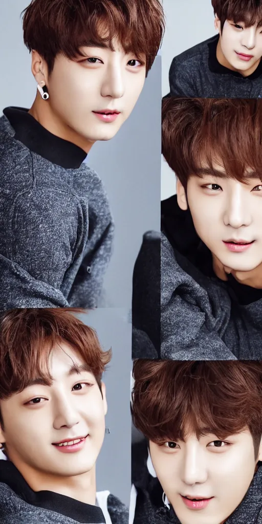 Image similar to jungkook of bts modeling, portrait, photo realistic, grin