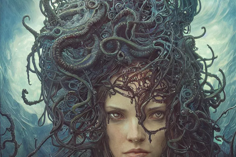 Prompt: a lovecraftian painting of cthulhu face of cosmic horror, cosmic horror elements, ultra realistic, concept art, intricate details, eerie, highly detailed, photorealistic, octane render, 8 k, unreal engine. art by artgerm and greg rutkowski and alphonse mucha