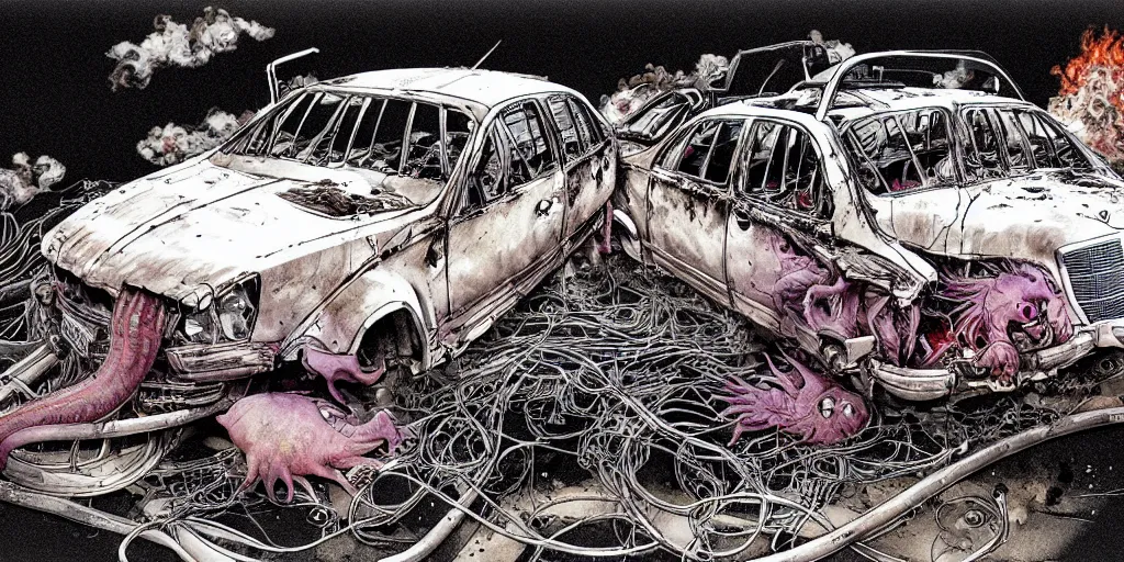 Prompt: a big woman axolotl in evil burning wrecked mercedes 1 2 4, ultrafine hyperdetailed illustration by kim jung gi