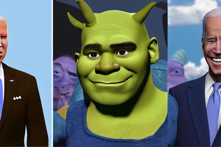 Prompt: joe biden and belle delphine as shrek, cinematic chiaroscuro, photorealistic, unreal engine