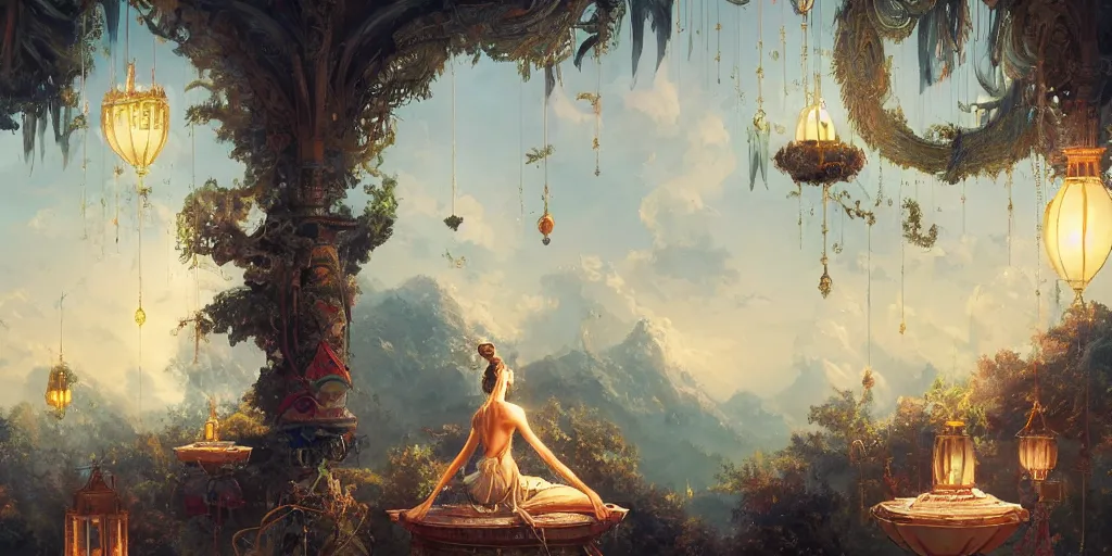 Image similar to painting of a god of wind enjoying his ornate heavenly palace, decorated with windchimes and paper lanterns, stunning nature in background, cinematic, 8 k, hyper detailed, art by greg rutkowski