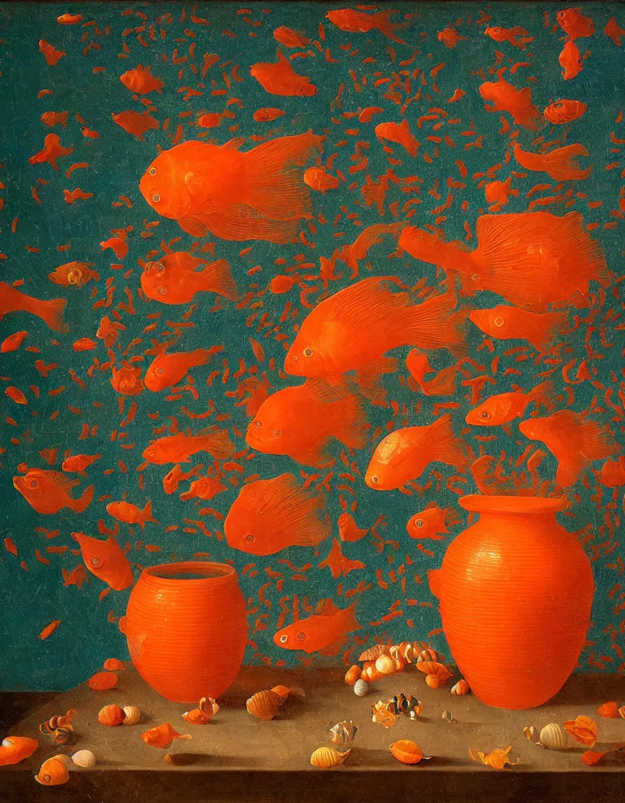 Image similar to transparent vase of coral in the sky and under the sea decorated with a dense field of stylized scrolls that have opaque orange outlines, with colorful shells and orange fishes, ambrosius benson, oil on canvas, hyperrealism, light color, no hard shadow, around the edges there are no objects