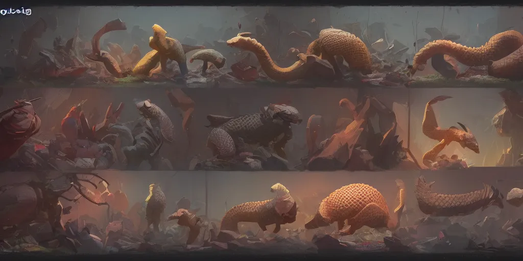 Image similar to pangolin is explaining how it done nothing and the effects of being so famous and visible to an audience, character sheet, colorful, contrast, 3 d scene, greg rutkowski, zabrocki, karlkka, jayison devadas, trending on artstation, 8 k, ultra wide angle, zenith view, pincushion lens effect