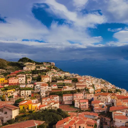 Prompt: Photo of an italian coastal town with many small buildings around a mountain area, cinematic, vivid colors, atmospheric, award-winning, 8k