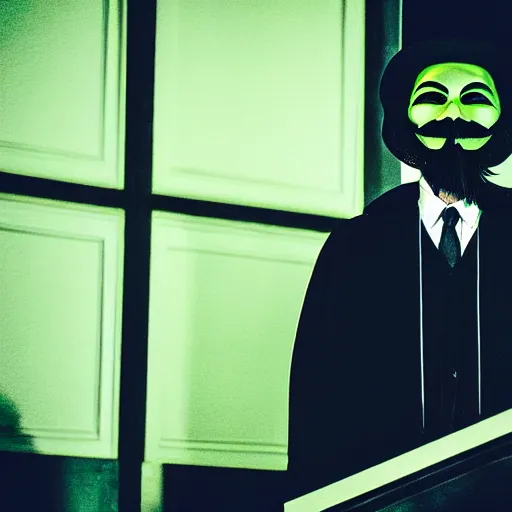 Image similar to man wearing guy fawkes mask at lectern speaking to university hall, photo, cinematic lighting