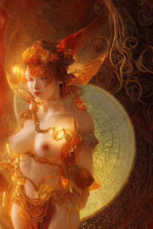 Image similar to tarot card artstation, portrait of a winged love dancer, sunrise, baroque ornament and rococo ornament, ancient chinese ornate, hyperdetailed, beautiful lighting, craig mullins, mucha, klimt, yoshitaka amano, red and gold and orange color palette