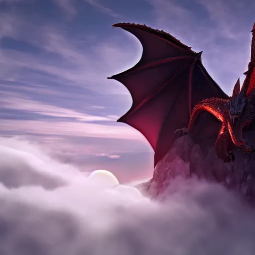 Image similar to giant majestic epic dragon on a mountain between the clouds, epic, volumetric light, volumetric fog, extreme details, 8 k, realistic