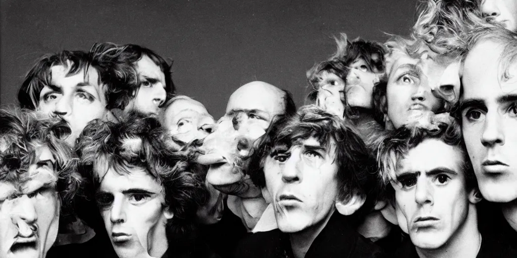 Prompt: polymer coneheads french band, 1980s surrealism aesthetic, detailed facial expressions