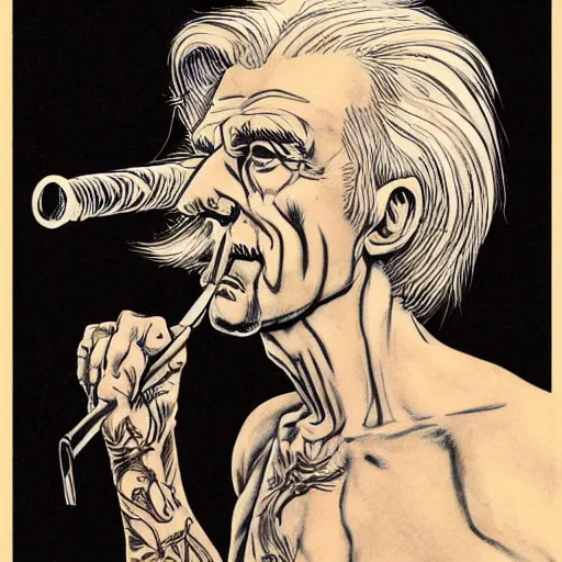 Image similar to highly detailed figure of a person with long white hair coming out from a smoking pipe, comic art, tattoo art, intricate, elegant.