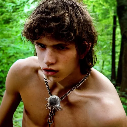 Image similar to a teenage boy, around 1 6 yo. spike necklace. natural brown hair. loincloth, pale skin. detailed face. ominous and eerie looking forest in background. natural colors. hyperrealistic photo.
