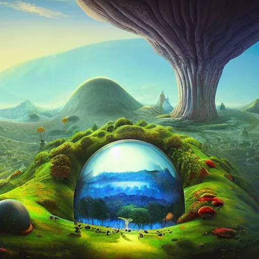 Prompt: A mountain inside a glass sphere with a giant mushroom in the center, a forest on either side, 8K, Ultra Realistic,mega structures inspired by Heironymous Bosch's Garden of Earthly Delights, vast surreal landscape and horizon by Asher Durand and Cyril Rolando and Thomas Kinkade, rich pastel color palette, masterpiece!!, grand!, imaginative!!!, whimsical!!, epic scale, intricate details, sense of awe, elite, fantasy realism, complex composition, 4k post processing