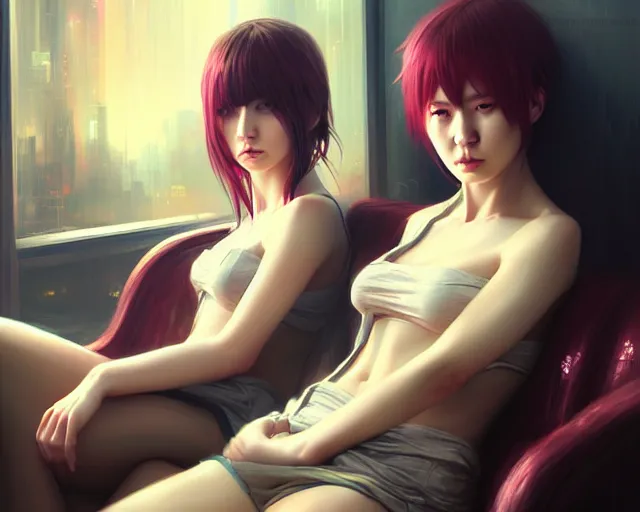 Image similar to a painting of two women sitting on a couch, cyberpunk art by wlop, cgsociety, fantasy art, anime aesthetic, anime, dystopian art, true anatomy, extremely beautiful face, extremely detailed face