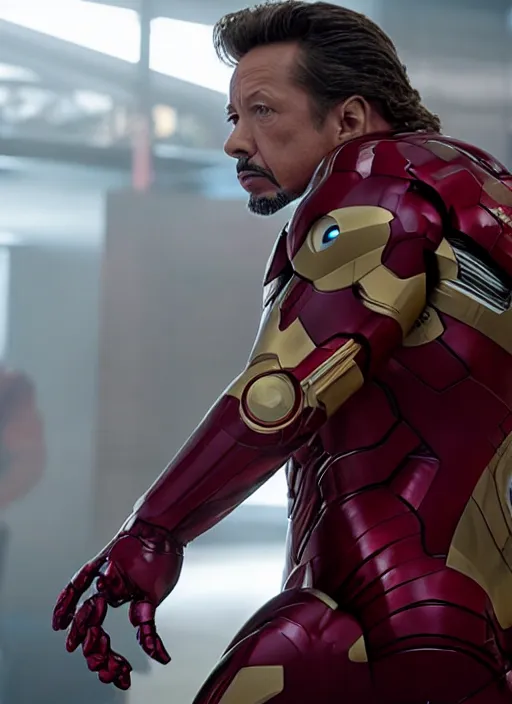 Image similar to movie still of mickey rourke as iron man, 4 k