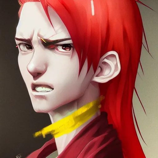 Image similar to beautiful portrait of hisoka morow, red hair, white shirt with yellow hem, realistic anime, hyper realistic, sharp, greg rutkowski, wlop,