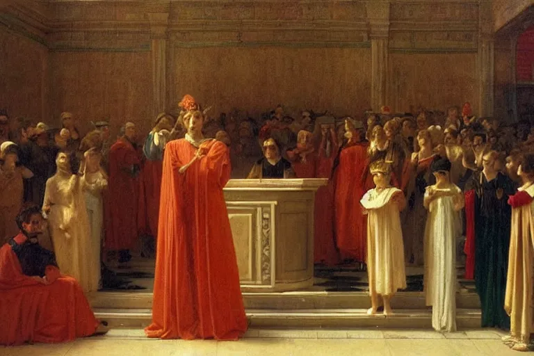 Image similar to flamboyant king giving a speech before his dubious court | fairy tale | Jules Joseph Lefebvre