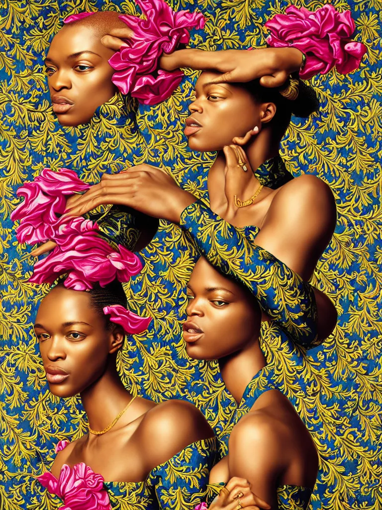 Image similar to fragrance advertising campaign by kehinde wiley, highly detailed, intricate, saturated colors