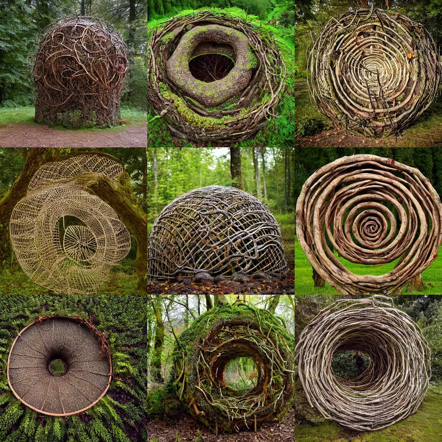 Prompt: an environment art sculpture by Nils-Udo, leaves twigs wood, nature, natural, round form, berries inside structure, leaf spiral pattern around structure