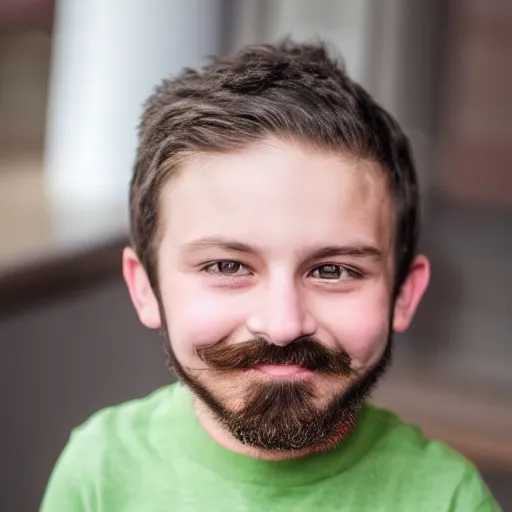 Image similar to small boy with beard and mustache looking at the camera and smiling