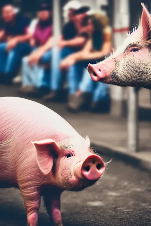 Prompt: a pig sitting at the slot among people, photo in color, photo in 4 k