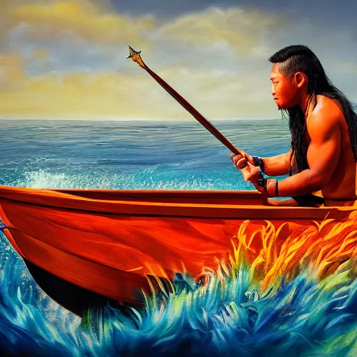 Image similar to a pacific islander warrior on a boat painting, 4 k, hyper realistic, dslr, high resolution, landscape, beautiful