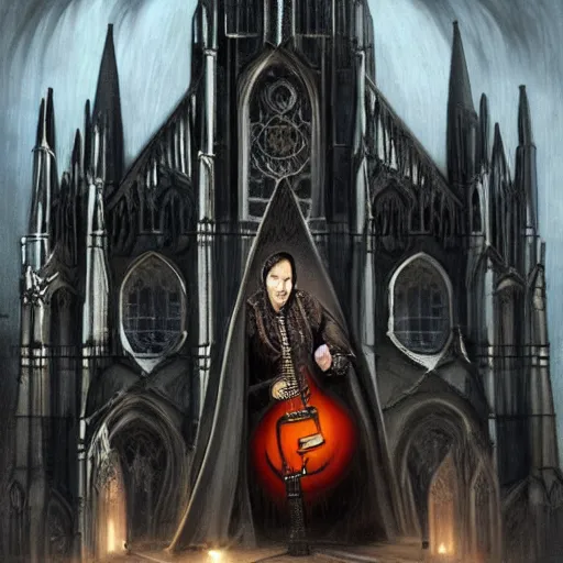 Prompt: Hyperrealistic Count Dracula playing a Gibson electric guitar in front of a gothic cathedral, by Antonio Caparo, Ferdinand Knab, Greg Rutkowski, Amano, and Karol Bak UHD, vivid colors, photorealistic trending on artstation