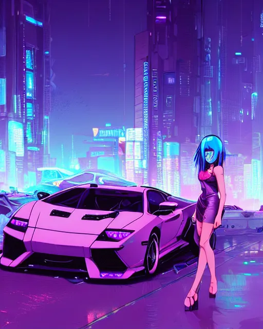 Prompt: digital illustration of cyberpunk pretty girl with blue hair, looking at a purple lamborghini, in junkyard at night, by makoto shinkai, ilya kuvshinov, lois van baarle, rossdraws, basquiat