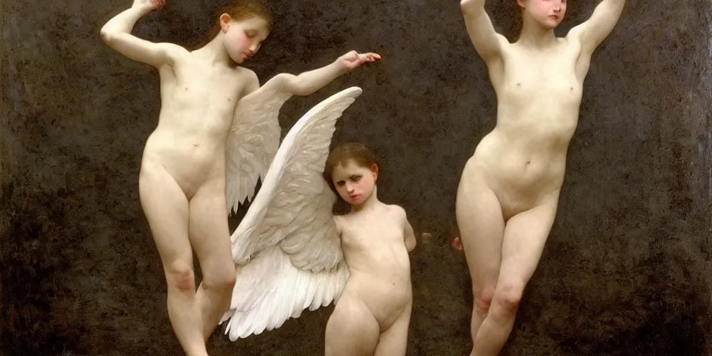 Prompt: a thousand of wings, white swan, feathers, mixed with human arms. by william bouguereau, andrew wyeth and nicola samori. dark atmosphere. dark space