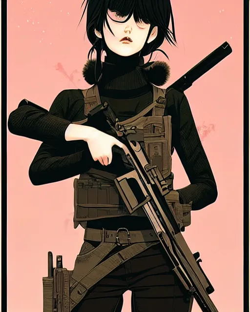 Image similar to girl holding rifle, manga!! detailed manga illustration!! intricate details, aesthetically pleasing pastel colors, poster background, aesthetic details, art by conrad roset and ilya kuvshinov