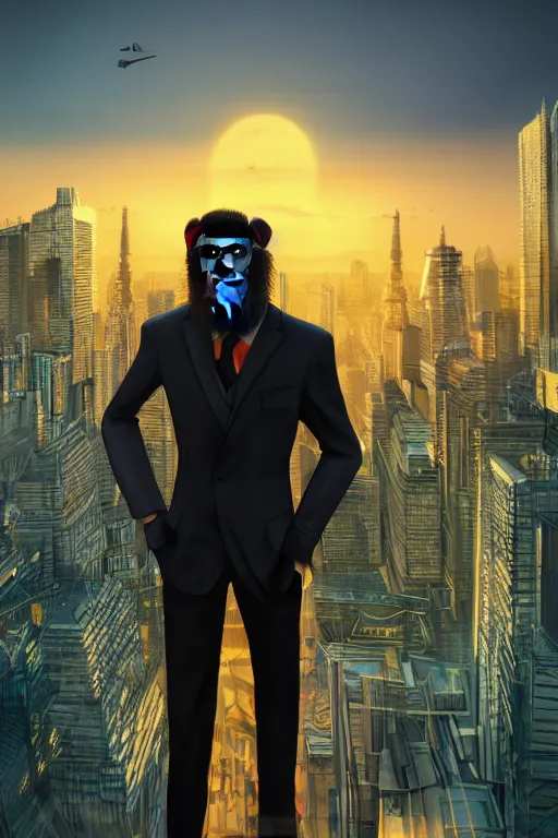 Prompt: portrait of terrified ape wearing formal suit failing over skyscraper, skyline showing, 8k hyper realistic, sunset, volumetric rays, fine art, artstation, matte painting, masterpiece by vasnetsov