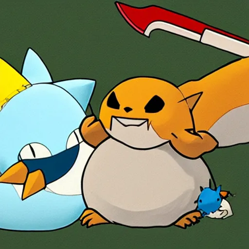 Prompt: snorlax killing pickachu with a knife