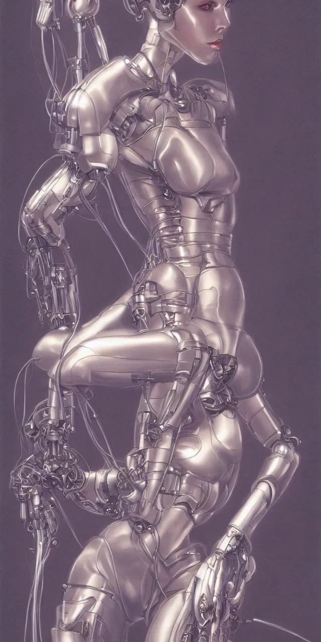 Image similar to beauty Blade Runner woman, robotic, cyberpunk, lots of cables and wiring, electrical details, trending on artstation, by Hajime Sorayama and Boris Vallejo