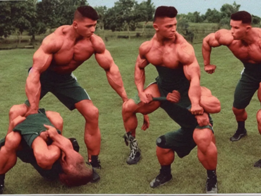 Image similar to vintage 90s VHS video still of a conjoined twin muscular soldiers training for war, retro TV, hue