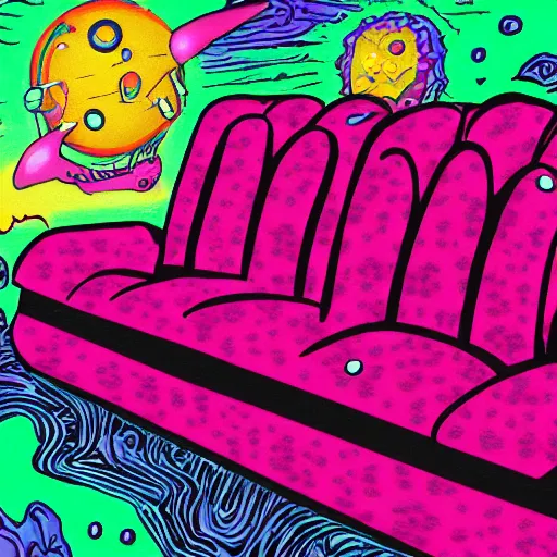 Image similar to couch sofa chesterfield flying through space psychedelic trippy eldritch horror cartoon