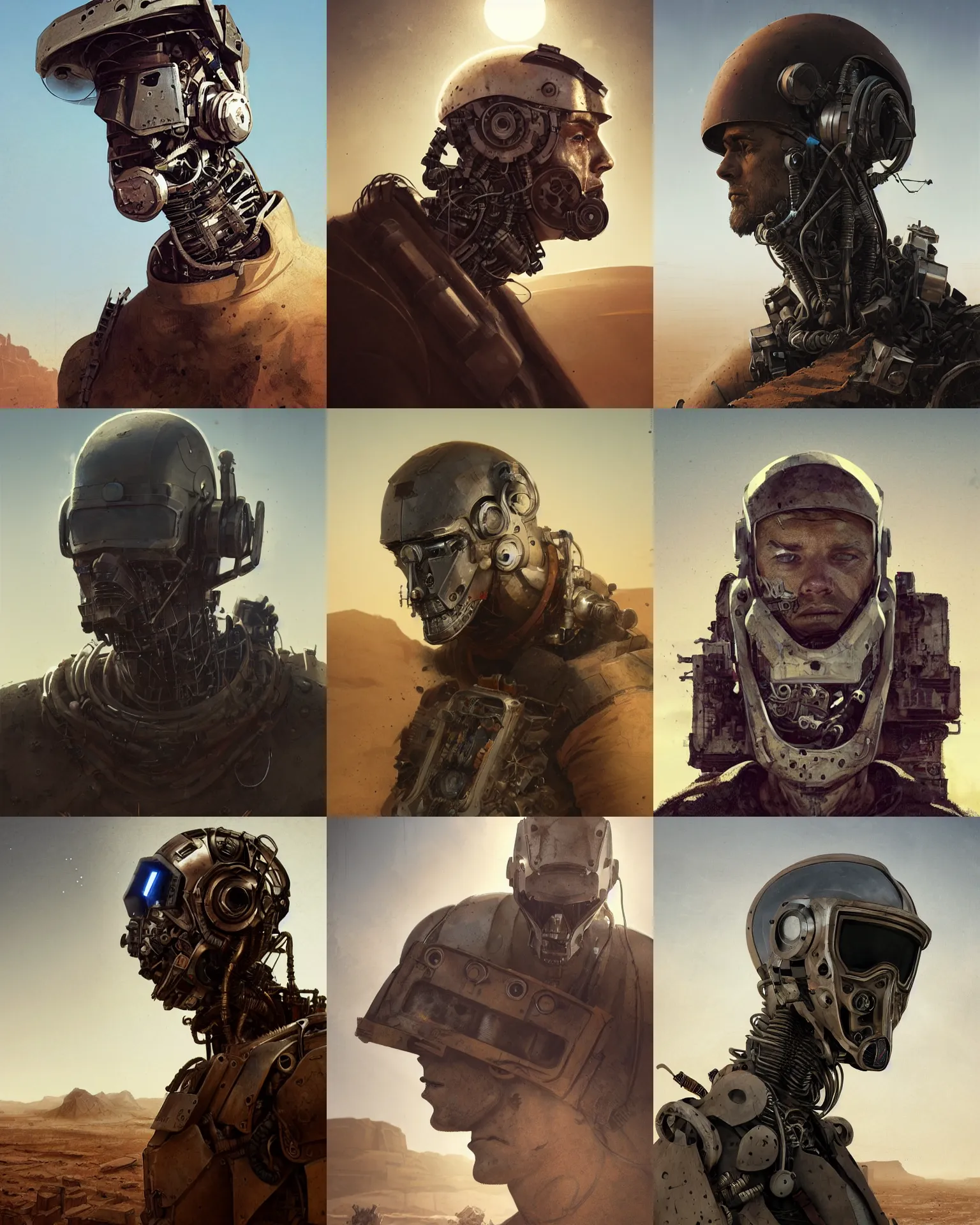 Image similar to a half - masked rugged engineer man with cybernetic enhancements lost in the desert, scifi character portrait by greg rutkowski, esuthio, craig mullins, 1 / 4 headshot, cinematic lighting, dystopian scifi gear, gloomy, profile picture, mechanical, half robot, implants, steampunk