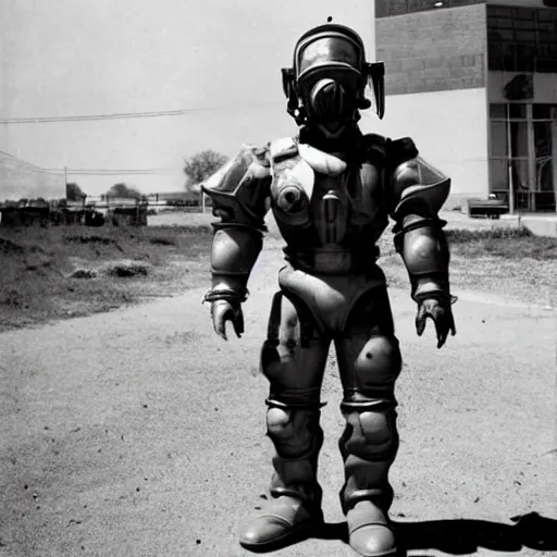 Image similar to war photography usa fission powered power armor 1 9 5 0 s