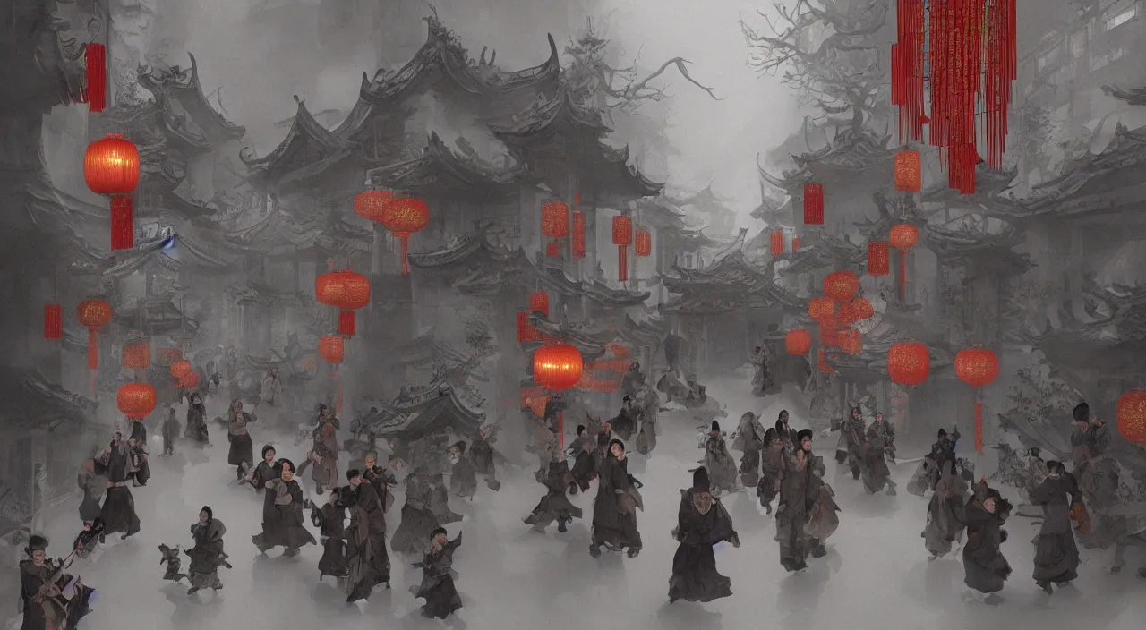 Image similar to on the night of the chinese new year's day, many chinese ghosts wander in the ancient chinese streets. the guiding line composition method, the tindal effect, the soft light, the cool color, by wu jinyuan, trending on artstation