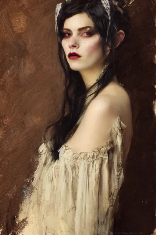 Image similar to Richard Schmid and Jeremy Lipking and Roberto Ferri full length portrait painting of a young beautiful victorian steampunk goth woman