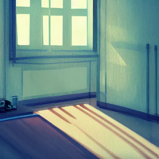 Image similar to hotel room, musty, ambient lighting, light shafts from window blinds, sun ray, dusty, moody, atmospheric, beautiful, abandoned room, motel room, artstation award, detailed, concept art, color sketch