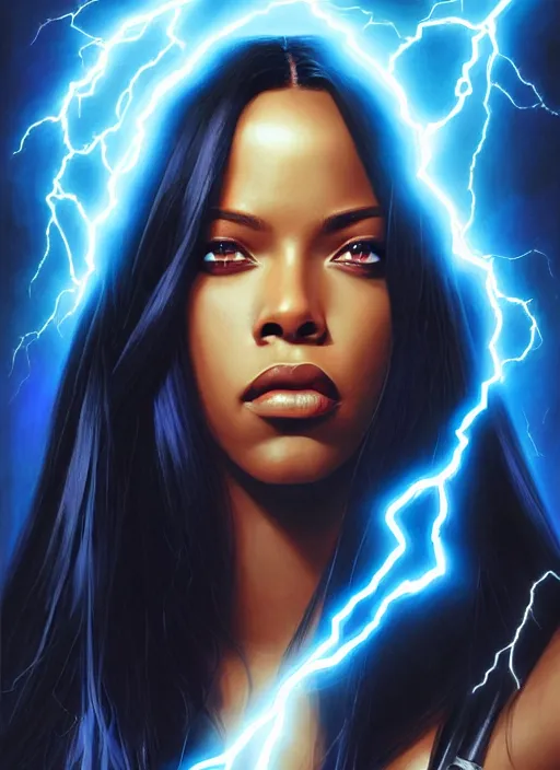 Image similar to portrait of marvel cinematic universe aaliyah haughton, x - men, storm, elegant, electricity archs, lightning strikes, rippling electromagnetic, highly detailed, digital painting, artstation, glamor pose, concept art, smooth, sharp focus, illustration, art by artgerm and greg rutkowski, artey freytag